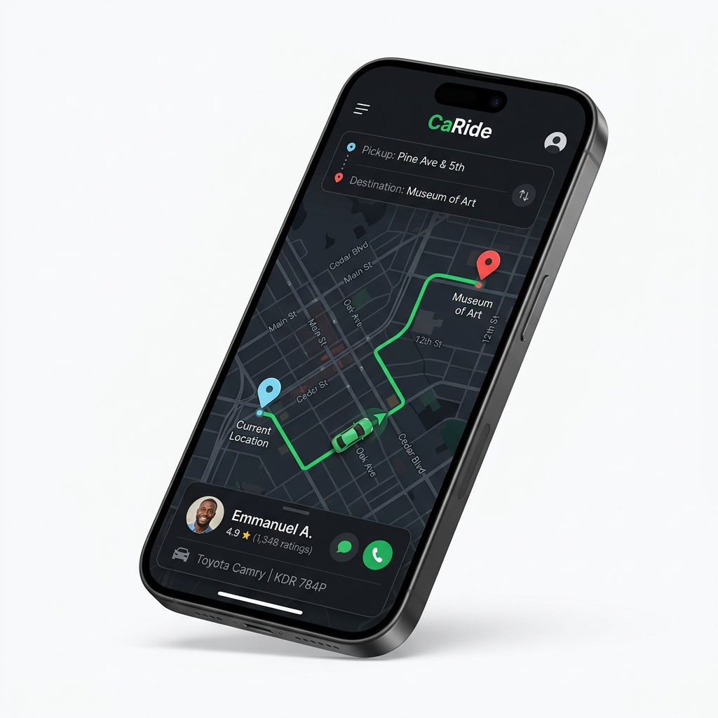 CaRide app showing live map with driver tracking